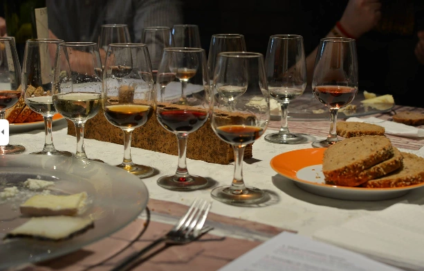 Tast de Vins 23 Mesa de cata con copas de vino blanco y tinto servidos, queso y pan en sesión grupal