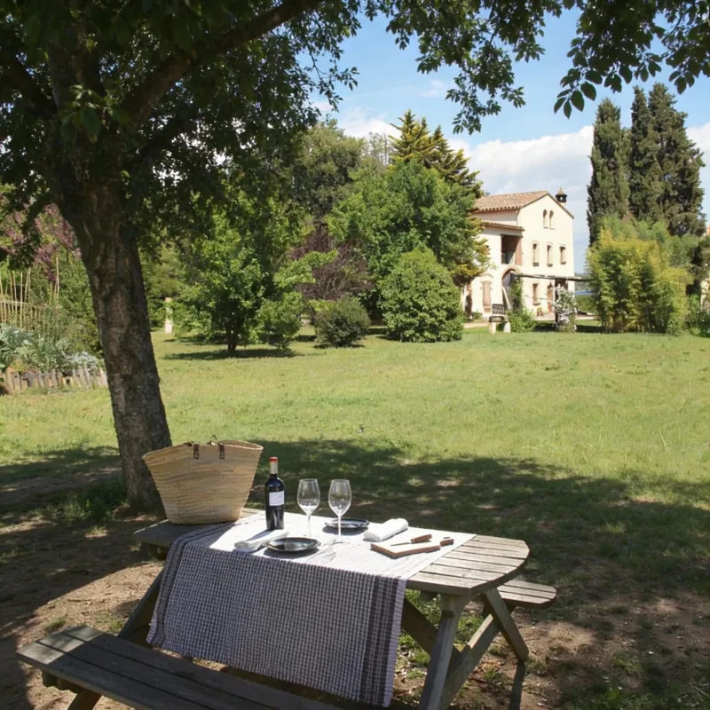 Tast de Vins 18 Mesa con vino y copas en jardín de la masía Can Tomàs Bassa en Santa Eulàlia de Ronçana